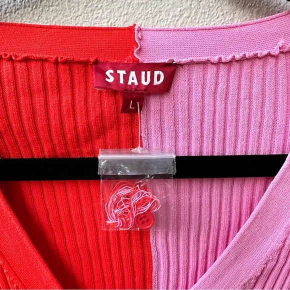 NWT STAUD Women’s Red Pink Cargo Cardigan Sweater Ribbed Size Large - Picture 10 of 12